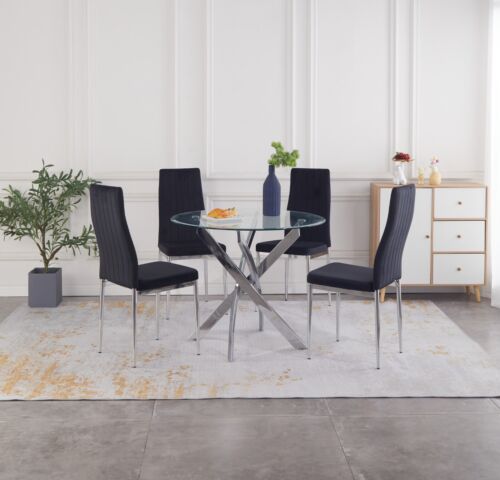 Dining Table Set Round Glass Chrome Legs and 4 Velvet Dining Chairs Modern Home - Picture 58 of 76