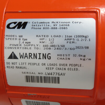 CM Model WH Valustar 1Ton 2000LB Electric Chain Hoist 10