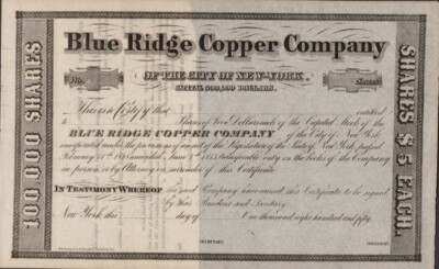 Blue Ridge Copper Company - Stock Certificate - Unused - 