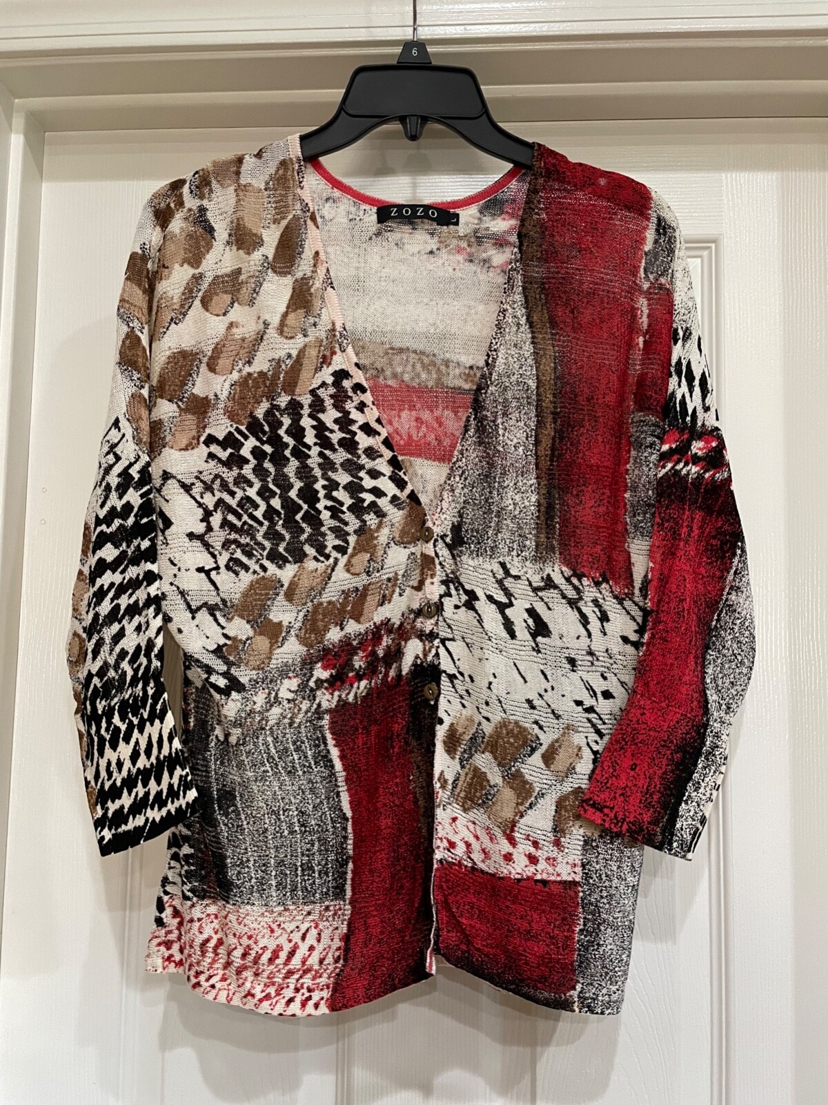 ZOZO Sweater Multicolor Linen Blend 3/4 Sleeve Buttoned Abstract