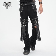 Devil Fashion Men Black Punk Decadent Studded Chain Pants Tassel Flared Trousers