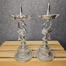 Silver Indian Diya Peacock Standing Oil Lamps for festivals and celebrations