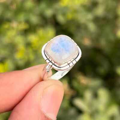 Rainbow Moonstone Ring 925 Sterling Silver Cushion Cut Statement Women's Ring