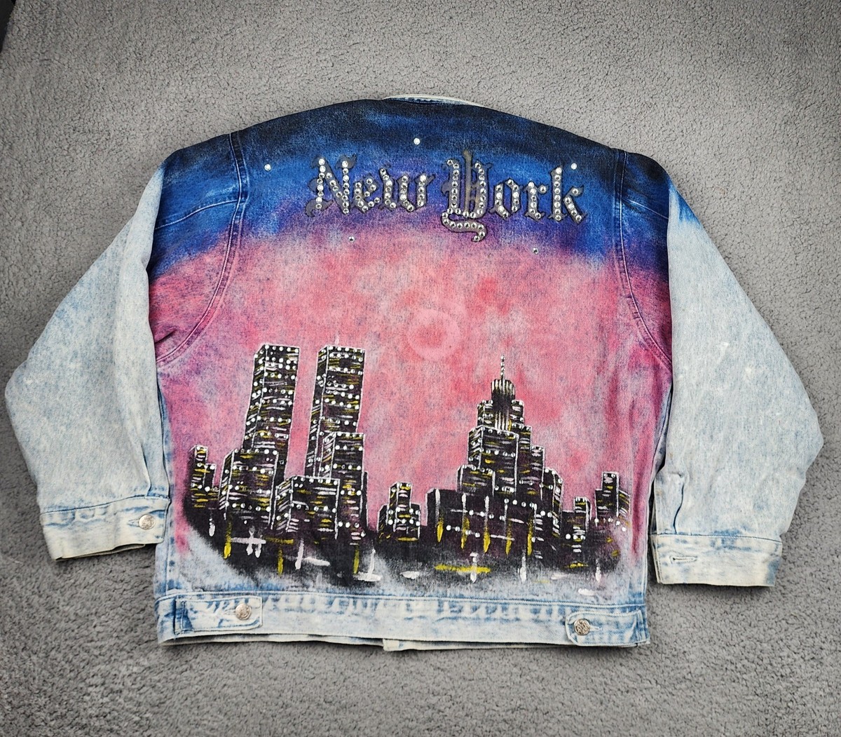 Y2K Vtg Denim Jacket Jean M Twin Towers NY Painted Street
