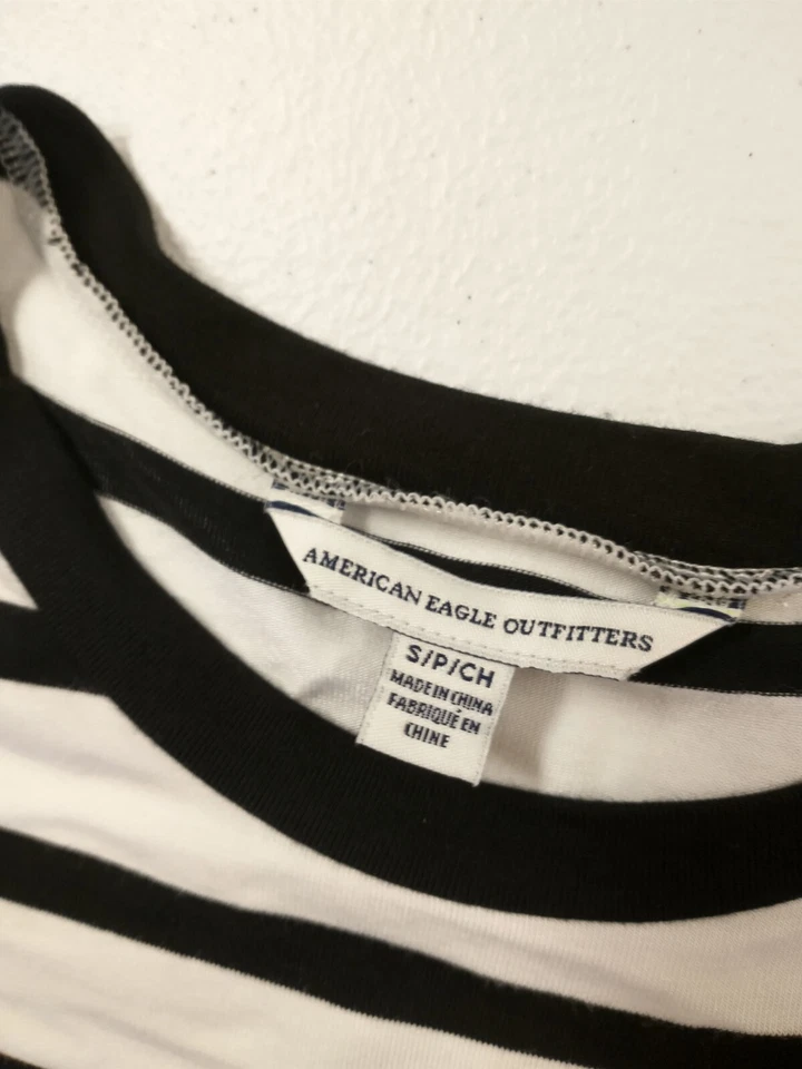 Vestido American Eagle para mujer pequeño blanco negro a rayas manga corta damas Foto 2 de 4