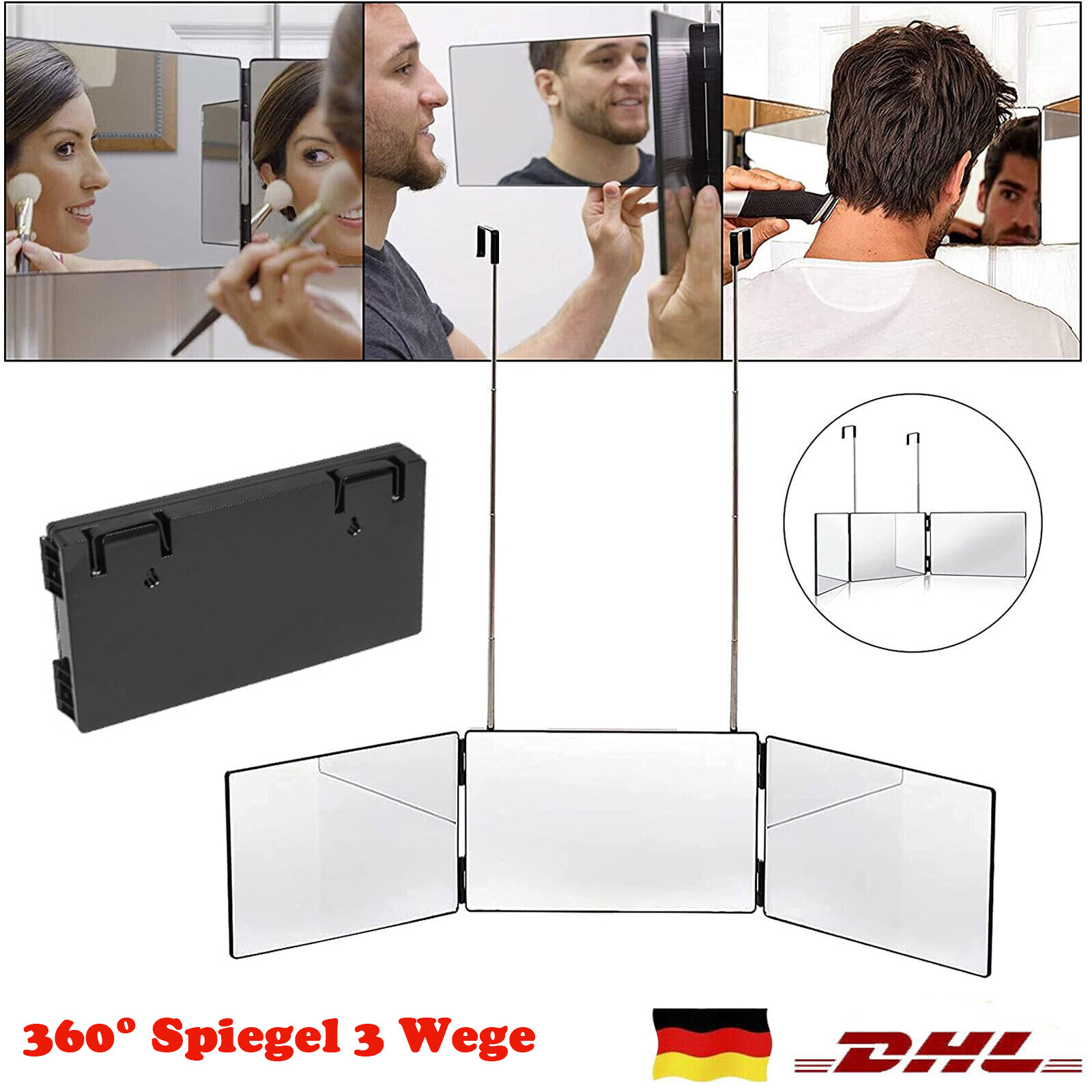 360° Spiegel 3 Wege Kosmetikspiegel Barber LED Trifold Mirror Höhenverstellbar