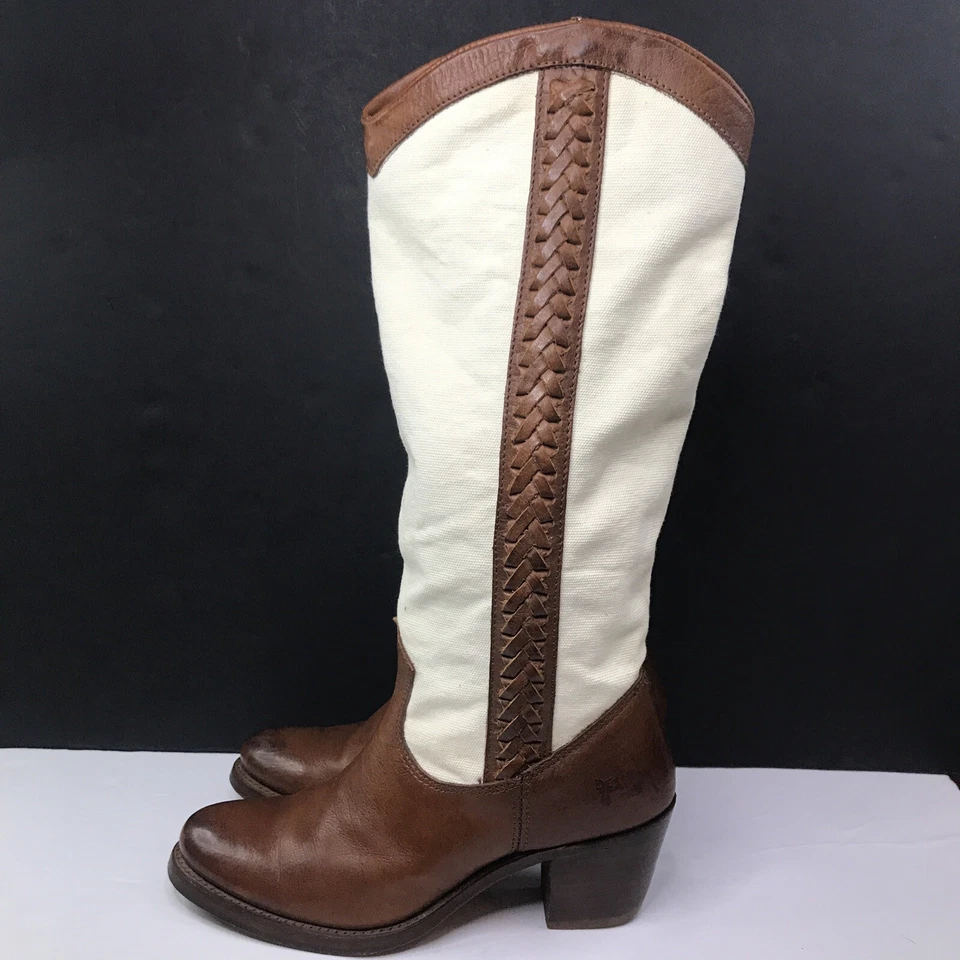 Frye Jane Braid Tan Leather Canvas Pull On Western Boots Women's Sz 6B 77225 - Image 3 of 4