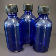 3 VTG Cobalt Glass Bottles Pharmaceutical Apothecary 2oz 3-7/8 Black Lids
