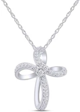 Cross Pendant Necklace Loop Simulated Diamond 14K White Gold Plated Sterling 18"