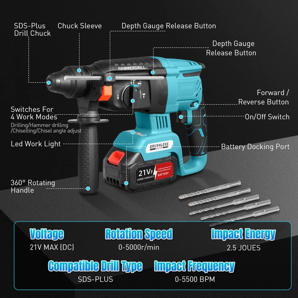 Brushless Electric Hammer Drill Rotary SDS Cordless Drill Hammer with 2 Battery - Image 4 of 4