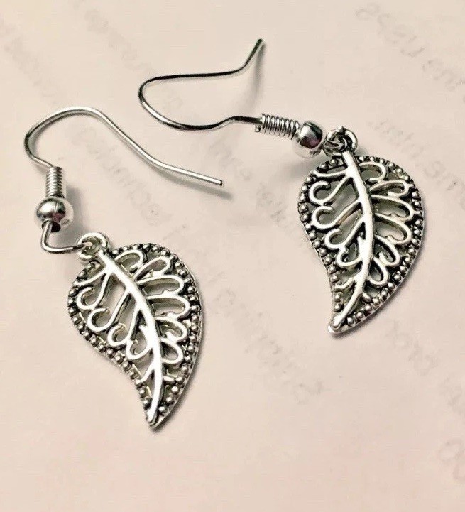 Leaf  Charm Earrings , Silver Leaves Trees Nature Charm