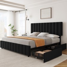 Queen Size Bed Frame with 4 Drawers, Modern Linen Upholstered Platform Bed Frame