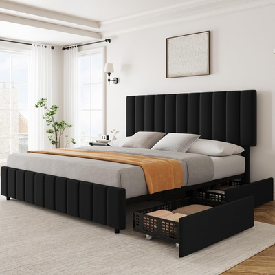 #ad #ad Queen Size Bed Frame with 4 Drawers Modern Linen Upholstered Platform Bed Frame $185.24