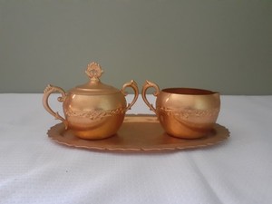 Vintage Lehman 24K gold plated serving tray with matching sugar and creamer set
