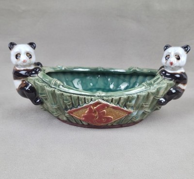 VTG Chinese Style Bamboo Design Double Panda Bears Ceramic Planter Good Fortune