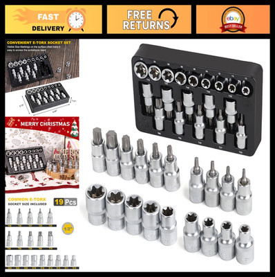 19-Piece E-Torx & Torx Bit Socket Set, 1/2'' Drive, CR-V Steel, E10-E24, T20-T70,