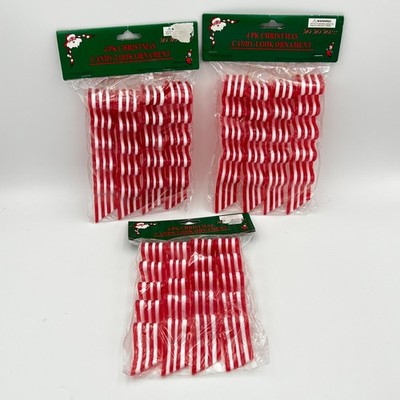 New Old Stock Set of Red & White Striped Ribbon Candy Plastic Ornaments 12 Total