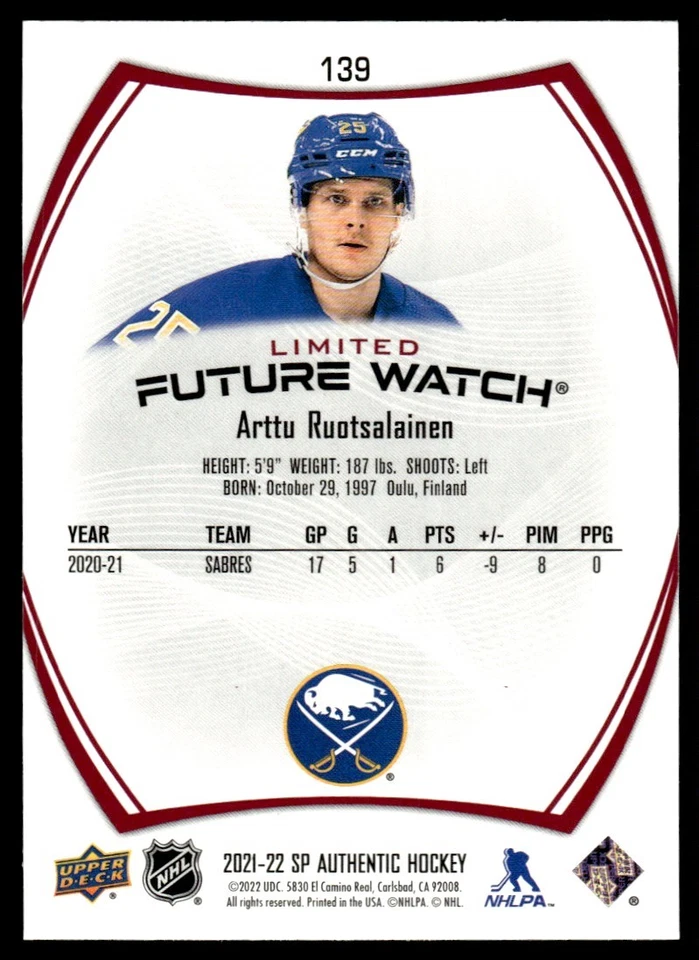 2021-22 SP Authentic Future Watch RED  Arttu Ruotsalainen Buffalo Sabres #139 - Image 2 of 2