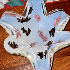 Vintage "Murano" Style Blown Stretched Glass Brown Pink Accents Bowl Dish HEAVY