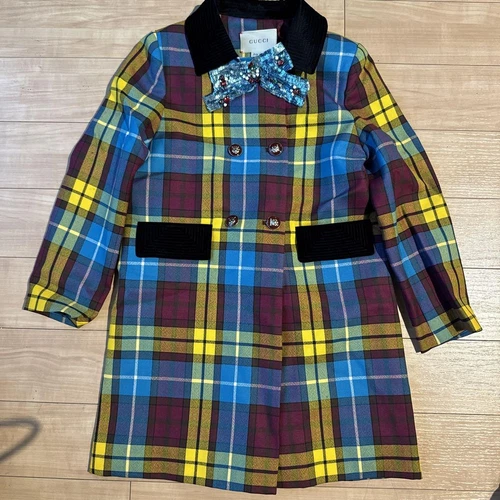 GUCCI Cappotto a Scacchi per Bambini 110cm Doppiopetto Nastro Decorativo Au