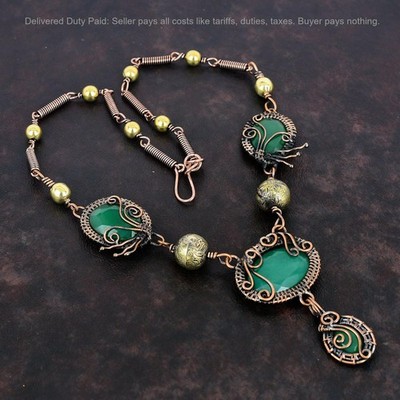 Oval Zambian Emrald Stone Copper Wire Wrapped Engagement Chain Necklace Jewelry