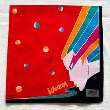 VTG Handkerchief Red Cotton Polka Dot Border Man with long Rainbow Hair Hanky 17