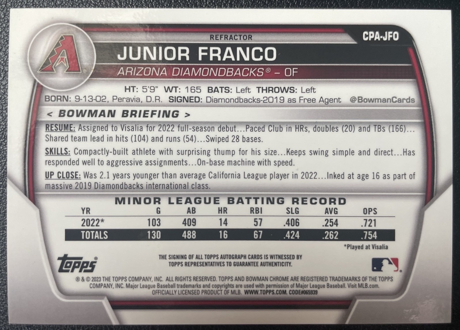 2023 Bowman Chrome Junior Franco 1st Bowman Refractor Auto /499 CPA-JFO view 2