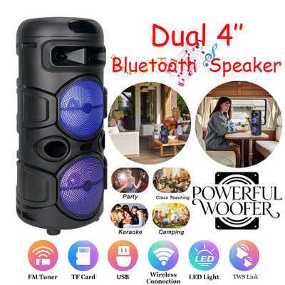 Dual 4'' TWS Portable Bluetooth Speaker Subwoofer Outdoor Party LED FM Aux TF