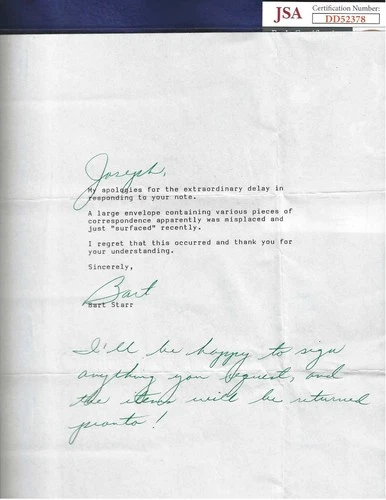 Bart Starr Autographed Letter Green Bay Packers Football HOFer JSA COA