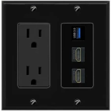 [3 Ports] 2 HD USB-3 Black Wall Plate with 15A Power Outlet