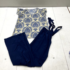 Beige  Navy Blue Paisley Print Ruffle Short Sleeve Pants Set Women's Size L NEW