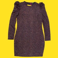 V BY VERY Textured Volume Sleeve Mini Dress, Red & Silver Threading, UK 12