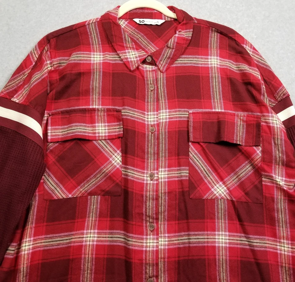 Camisa So Button Up para mujer extra grande XL multicolor a cuadros manga larga elástica Foto 2 de 4