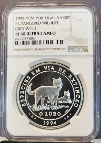 1994 PORTUGAL SILVER 1000 ESCUDOS GREY WOLF NGC PF 68 ULTRA CAMEO SCARCE