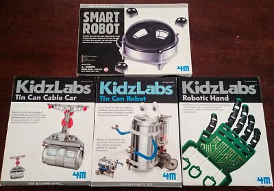 4M KIDZLABS Fun Mechanics Kit X4: Tin Can Cable Car, Robotic Hand, Smart Robot +