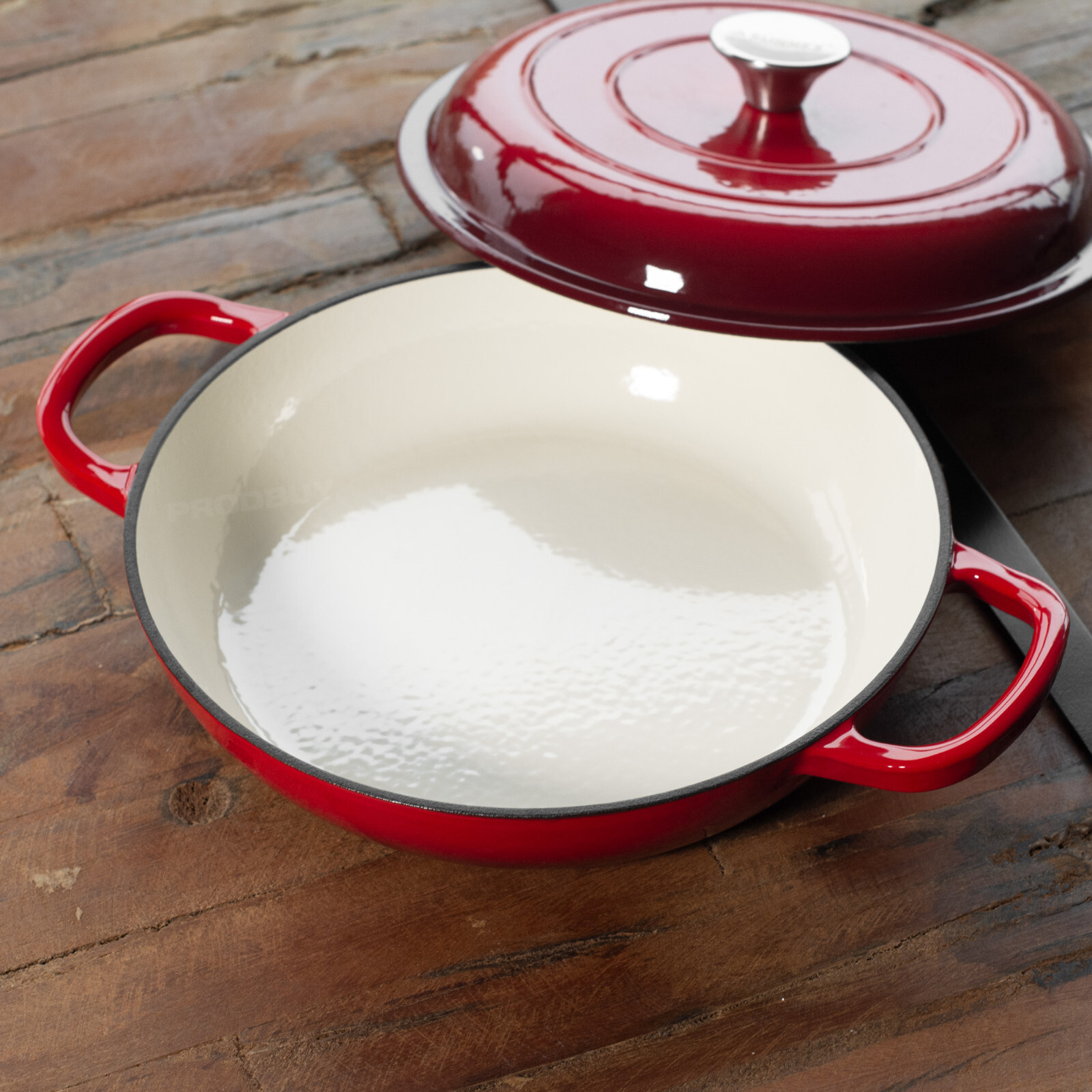 Cast Iron Red Shallow Casserole Dish with Lid 27cm Round Oven Hob