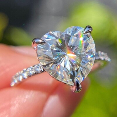 3Ctw Heart Cut VVS1 Moissanite Hidden Halo Engagement Ring 14K White Gold Plated