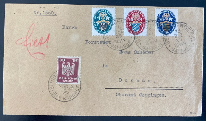1925 Geislingen Germany Bahnhof cover to Durnau