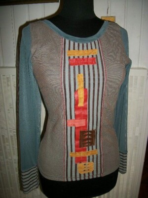Shirt Top grau gestreift Deko Leder Save the Queen L 36/38 Stretch Made in Italy