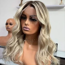 Balayage Highlight Ash Blonde body wave human hair Lace Front Wigs 18 inch 180%