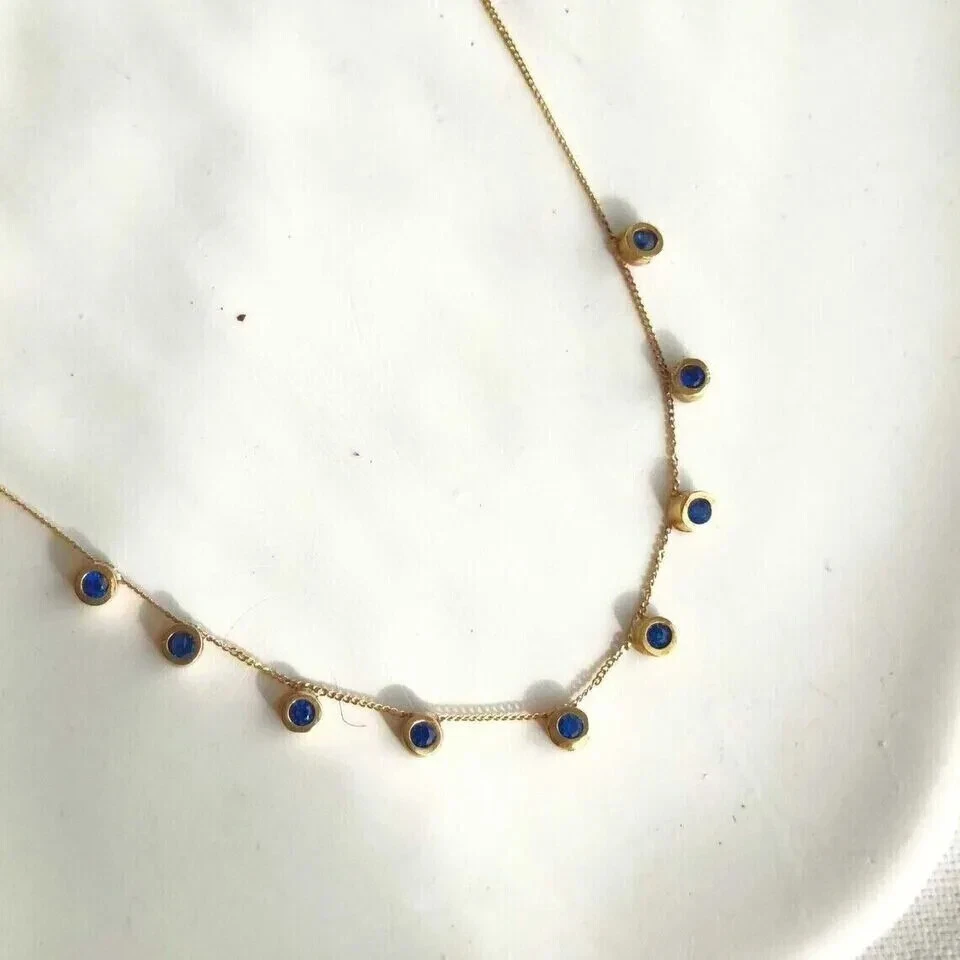 Pingente de colar feminino 16"" 3 quilates redondo simulado safira folheado a ouro amarelo 14K - Imagem 2 de 4