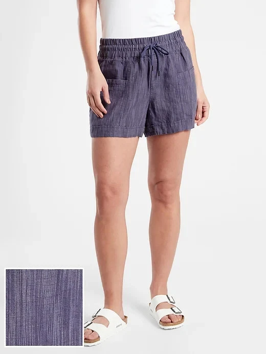 Athleta Cabo Linen Shorts Women 8 Blue Textured Pull On Wide Waist DrawstringNEW