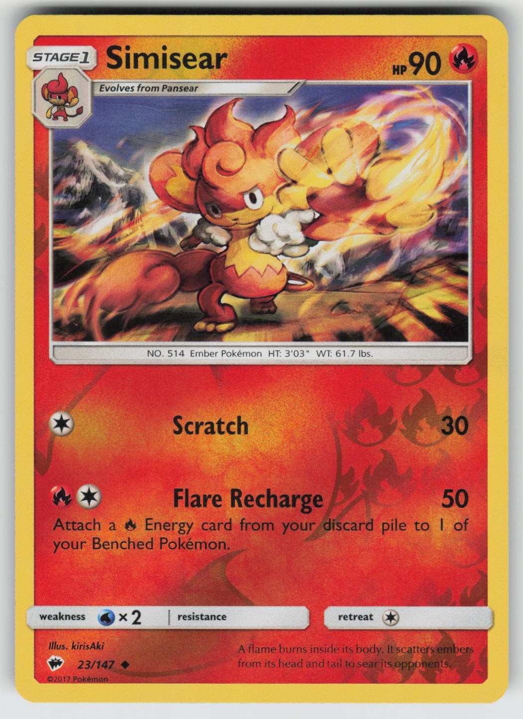 Simisear 23/147 Uncommon Burning Shadows Pokemon Reverse Holo Near Mint