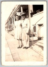 Vtg B W Snapshot WWII Soldier in Uniform Woman Couple Standing Outside 1940s