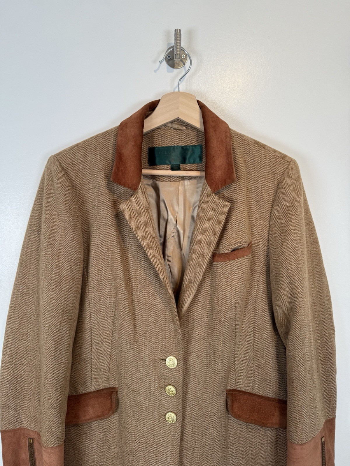 Holland Cooper Coat Size UK 16 Brown Tweed Wool Suede Long Blazer Jacket Country