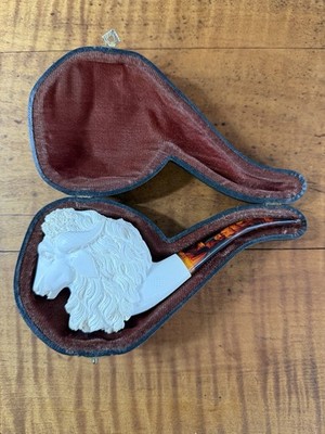 Vintage Block Meerschaum Ram Bust Deep Bowl With Leather Case 486 Very Nice Pipe