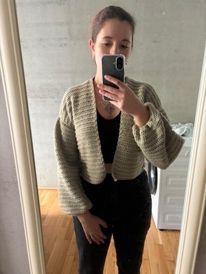Handmade Beige Cropped Cardigan Oversized Crochet   fits S M