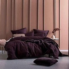 Plum Linen Duvet Cover Set And 2 Pillowcases Handmade Boho Stonewashed Bedding.