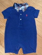 RALPH LAUREN BABY BOYS NAVY BLUE ROMPER W/ PLAID COLLAR 3M EXCELLENT COND LD9