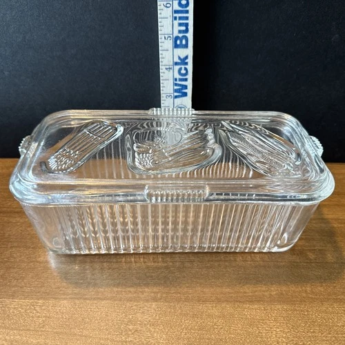 Vintage Federal Glass Refrigerator Storage Dish Ribbed w/Embossed Vegetable Lid